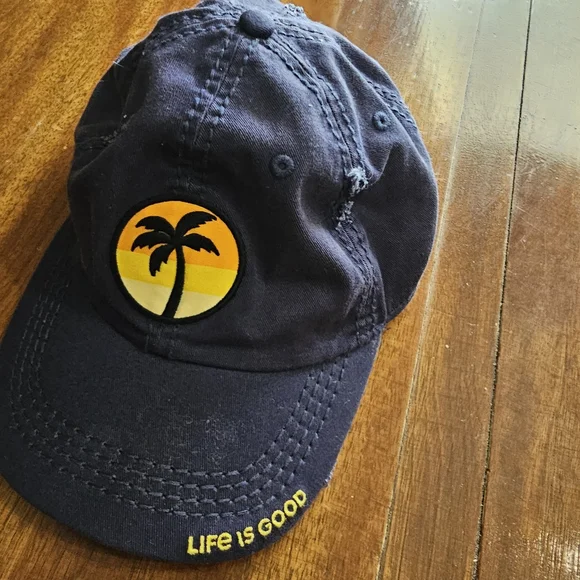 Life is Good Embroidered Palm Tree Sunset Patch Navy Blue Distressed Hat OS Life Is Good | Accessories | Life Is Good Embroidered Palm  main image 2